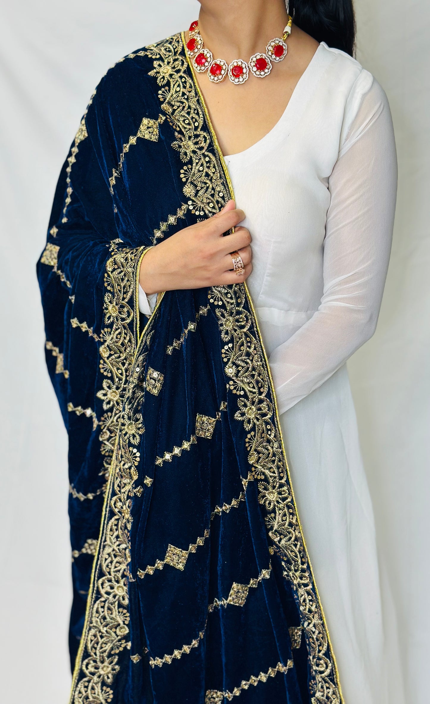 Zoya Royal Blue Velvet Shawl | Simzdesignzz |