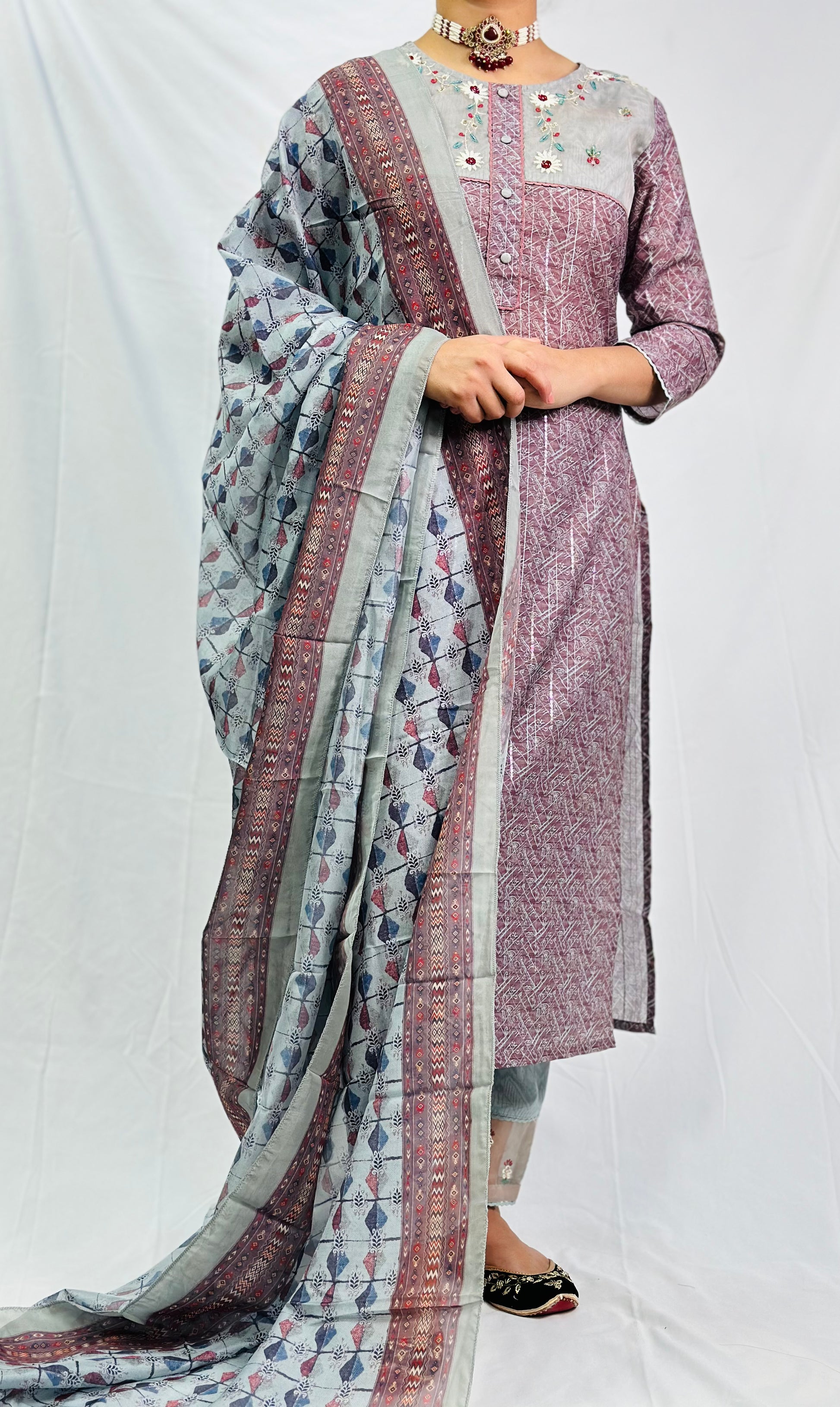 Anamika Three Piece Suit With Block Printed Dupatta | Simzdesignzz |