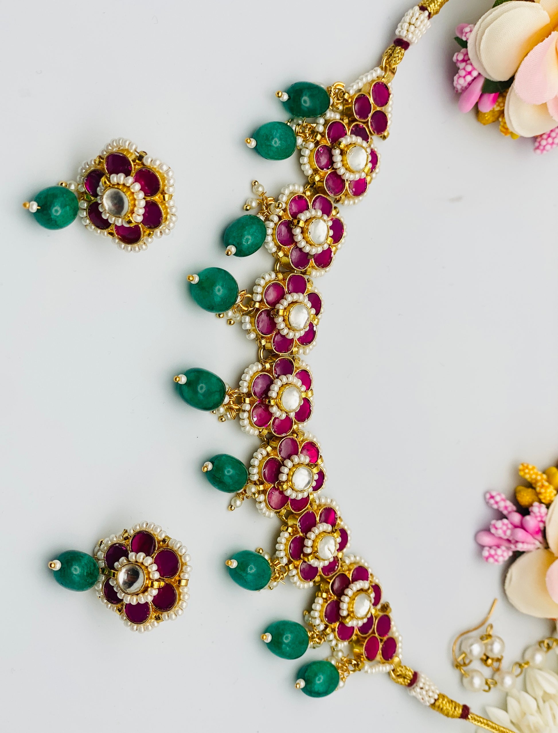 Beautiful Flower-Shaped Pachi Kundan Necklace Set | High Quality | Simzdesignzz |
