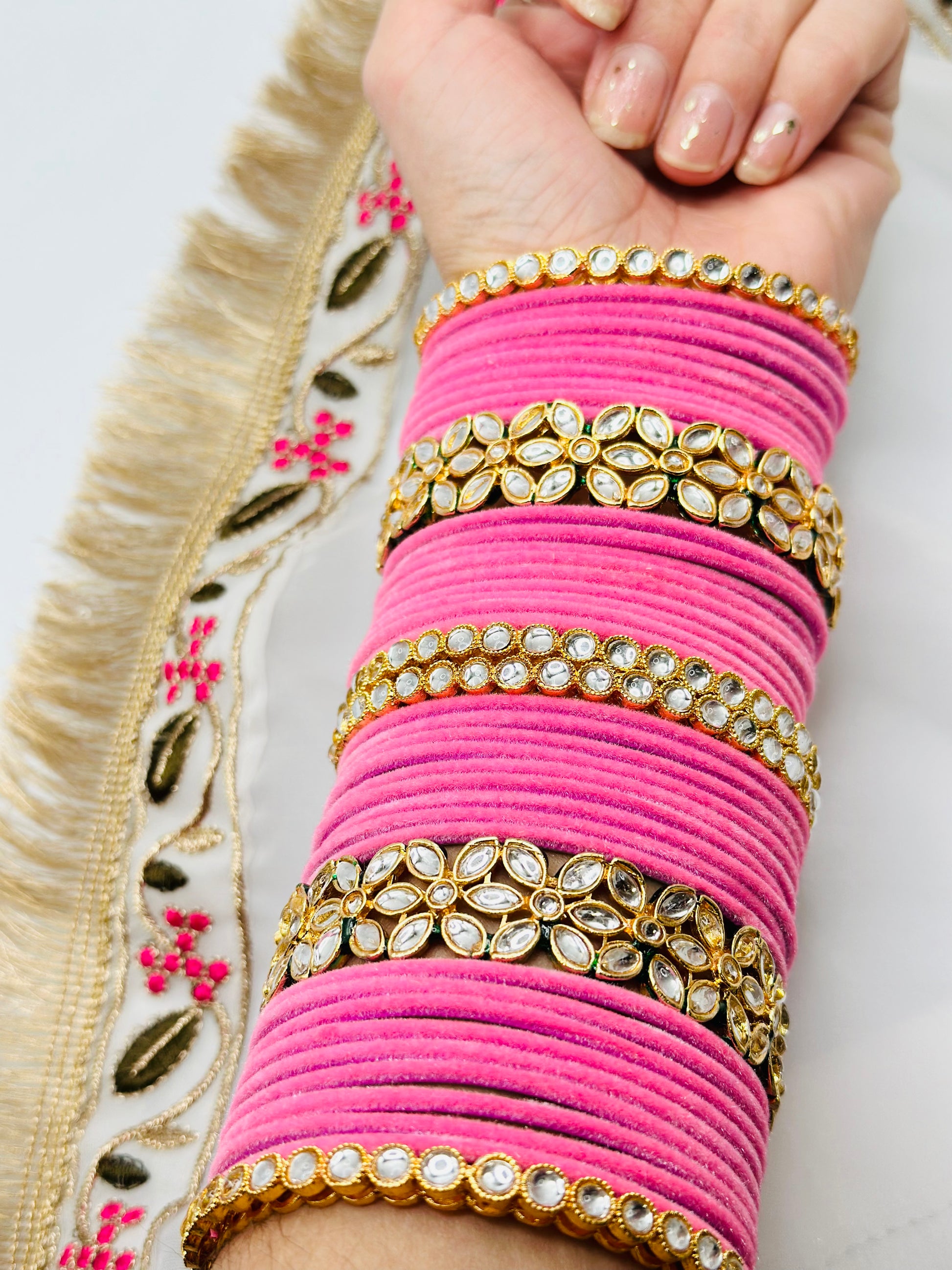 Baby-Pink Velvet Bangles With Kundan Kadhe | Simzdesignzz |