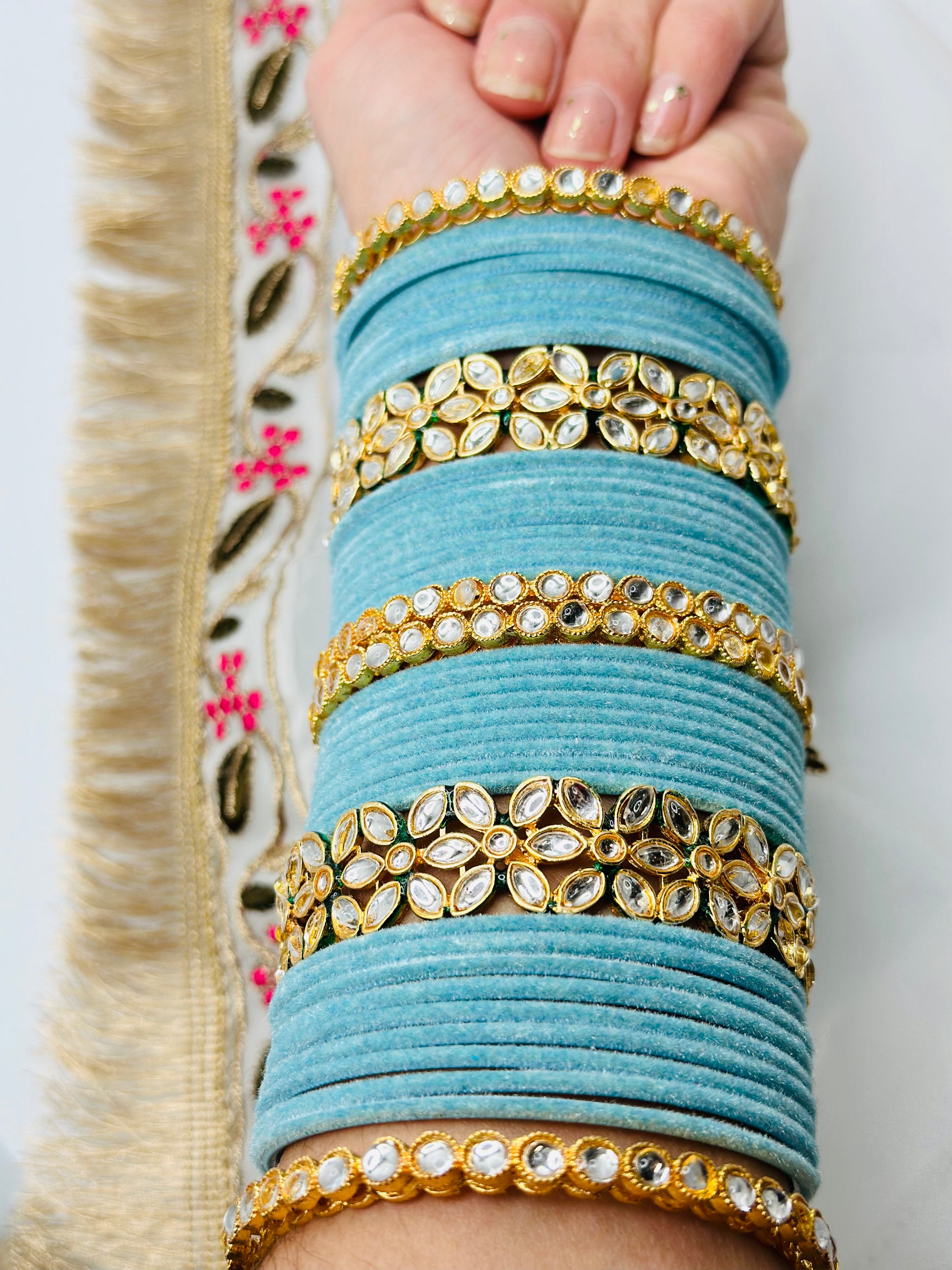 Light-Blue Velvet Bangles With Kundan Kadhe | Simzdesignzz |