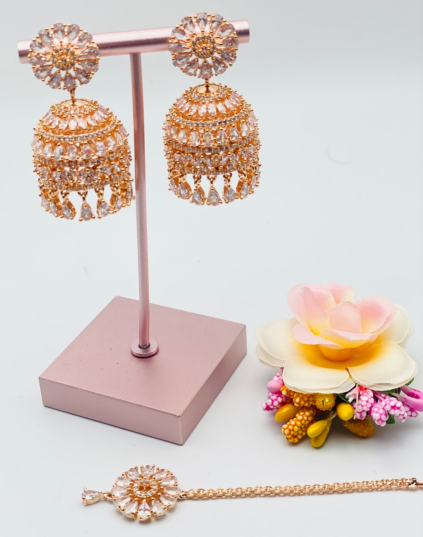 American Diamond Jhumki Earrings With Small Tikka | Simzdesignzz |