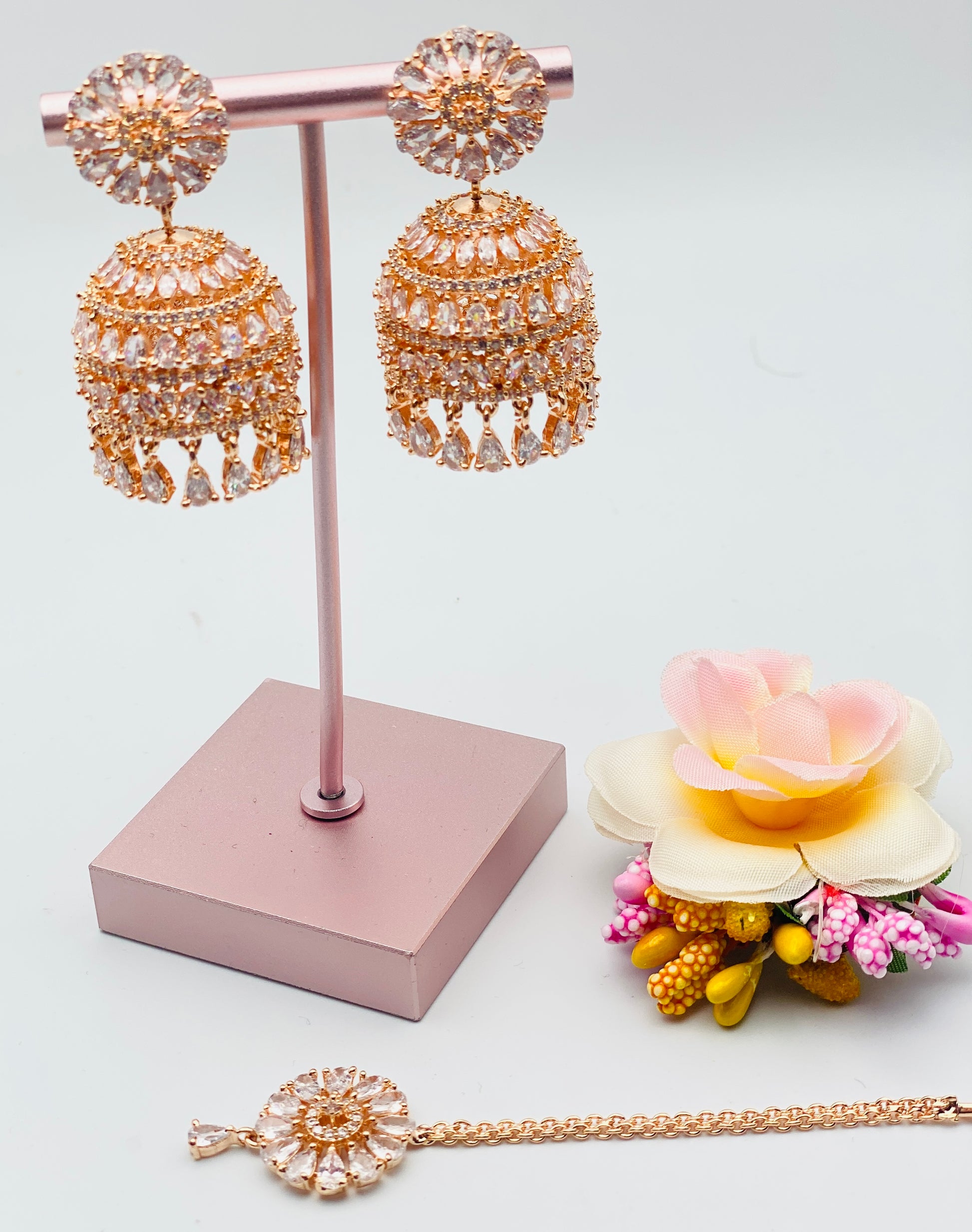 American Diamond Jhumki Earrings With Small Tikka | Simzdesignzz |