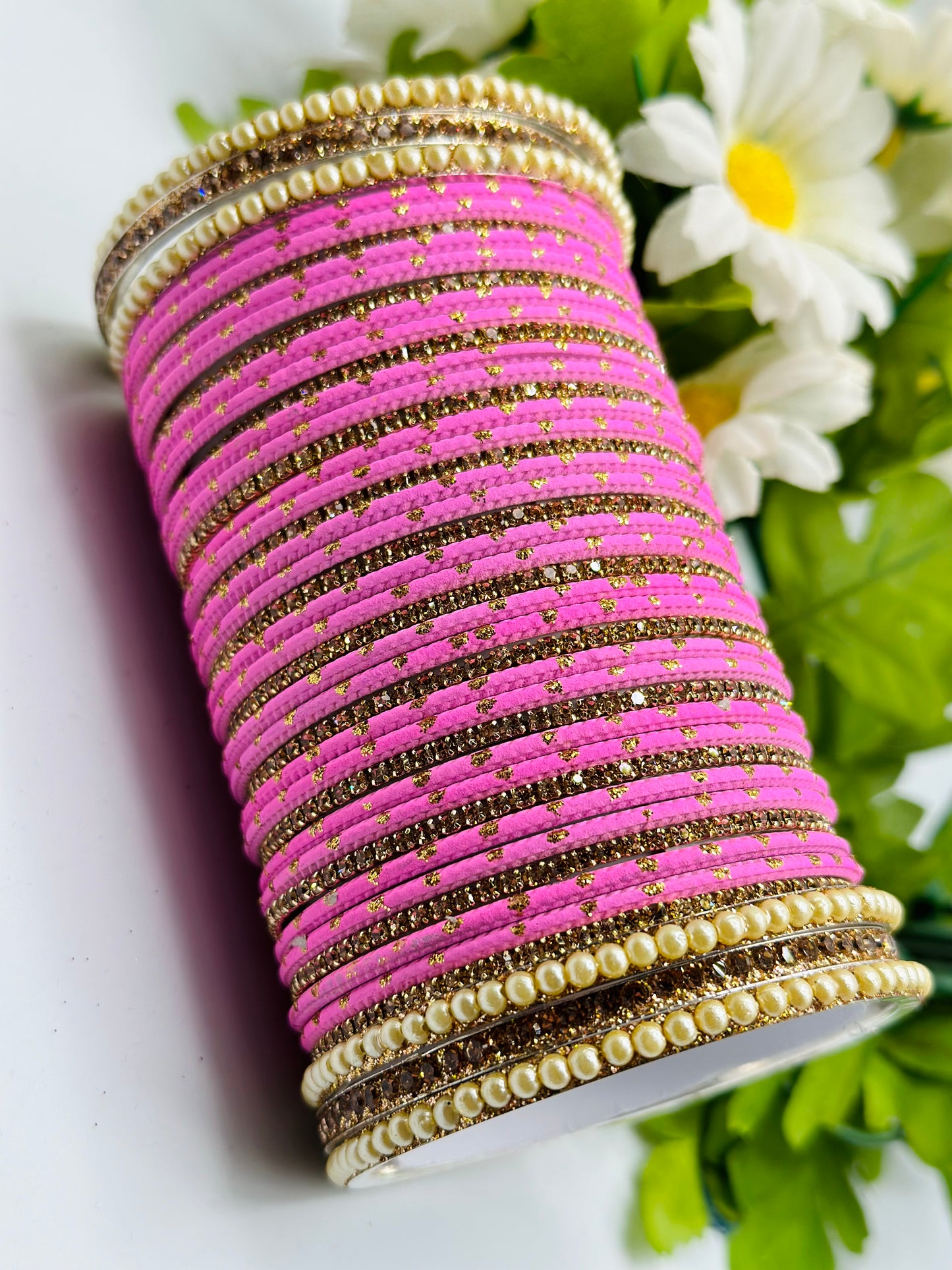 Baby-Pink With Golden-Dotted Matte Bangles | Simzdesignzz |