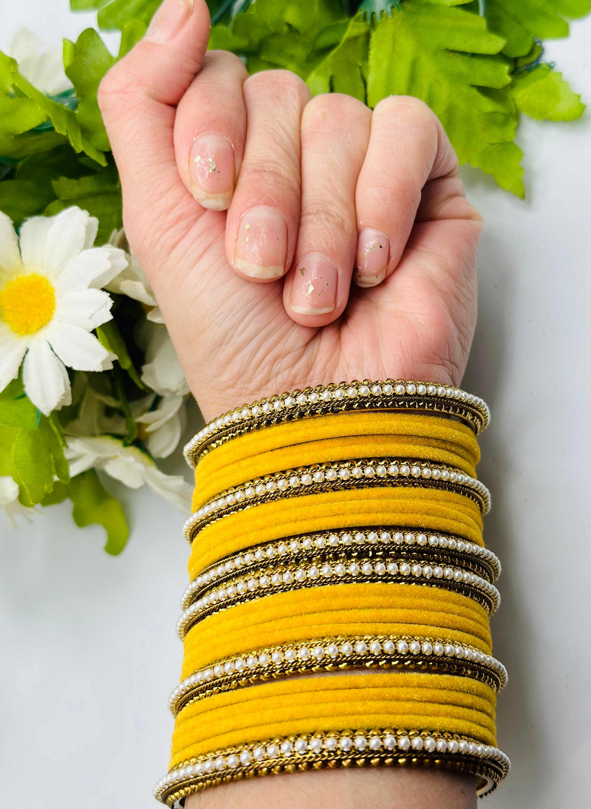 Yelllow Velvet Bangles With Six Polki Kadha Bangles | Simzdesignzz |