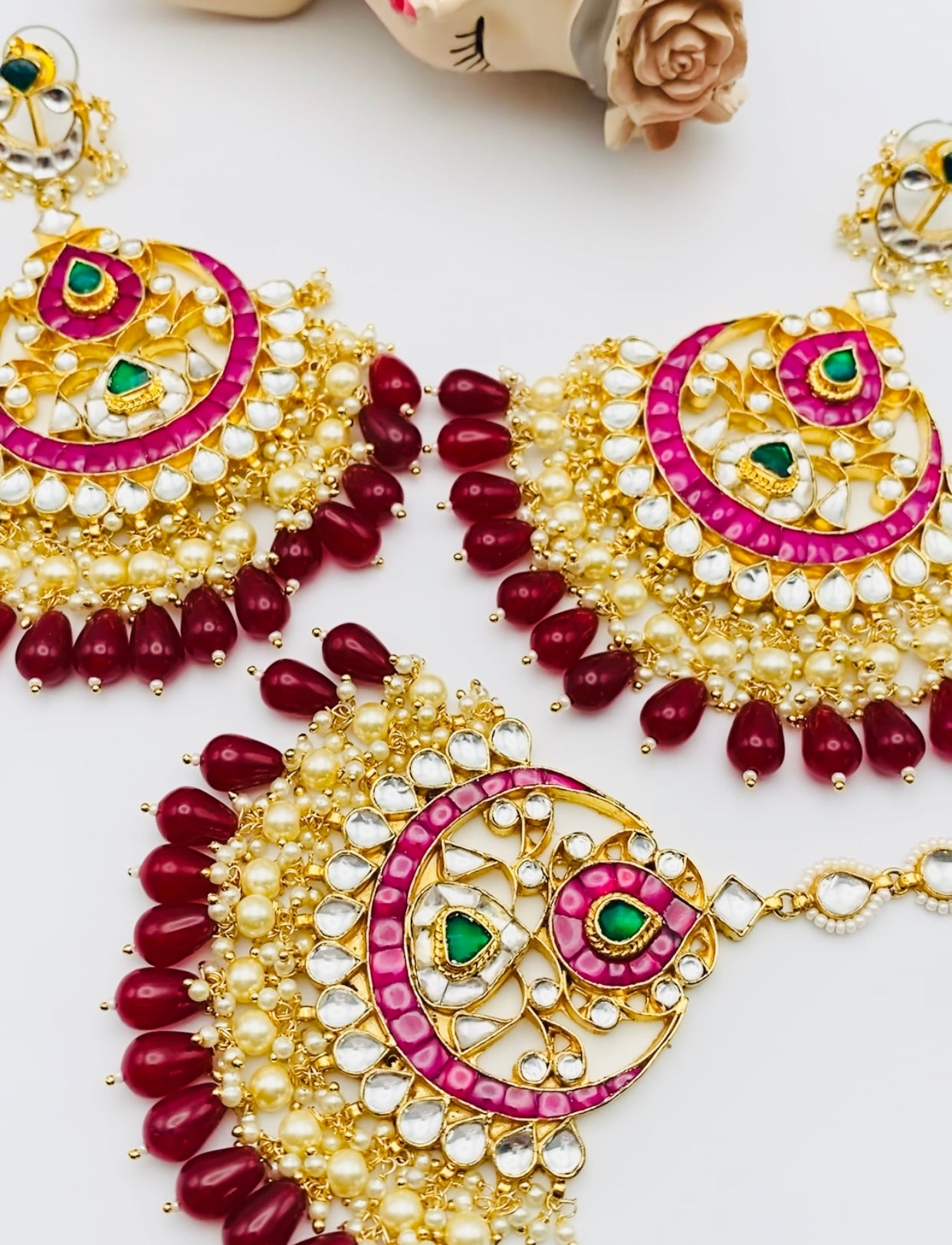 Maroon Pachi Kundan Earrings-Tikka Set | Simzdesignzz |