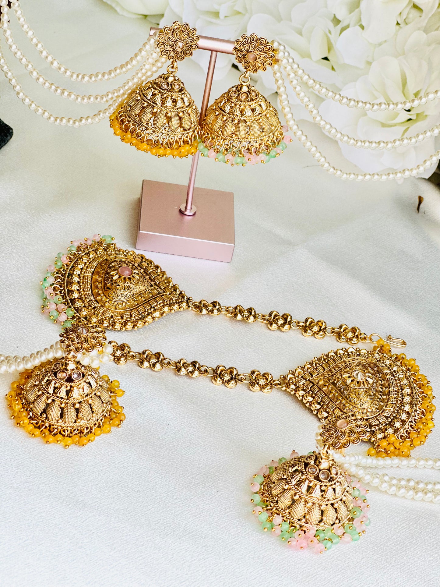 Antique Polish Jhumki Earrings With Tikka and Sahara | Lightweight | Simzdesignz |