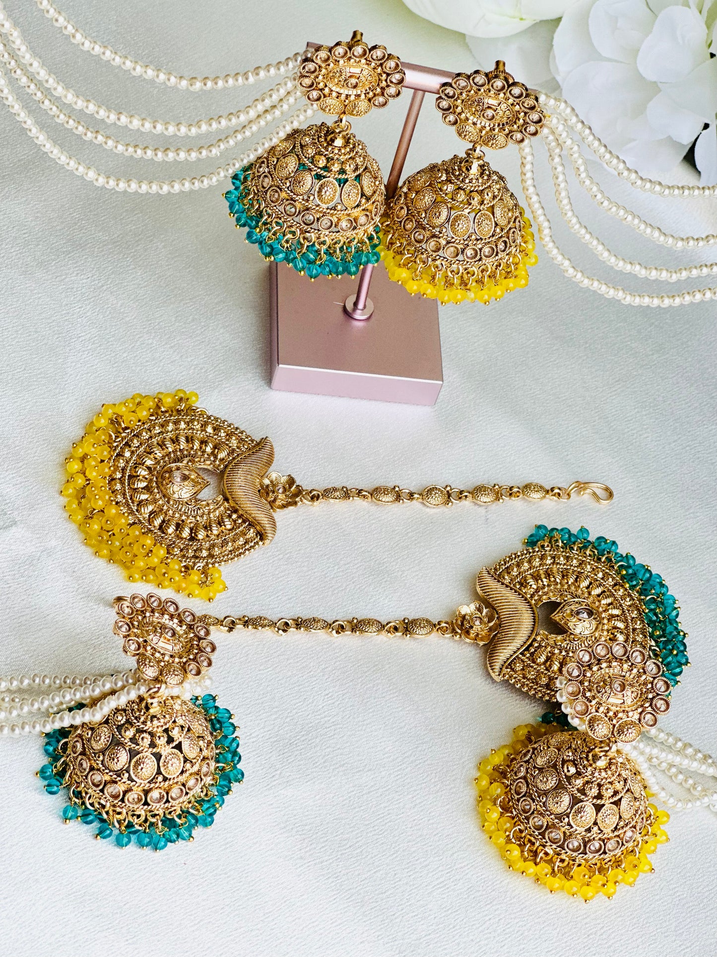 Antique Polish Jhumki Earrings With Oversized Tikka and Sahara | Lightweight | Simzdesignz |