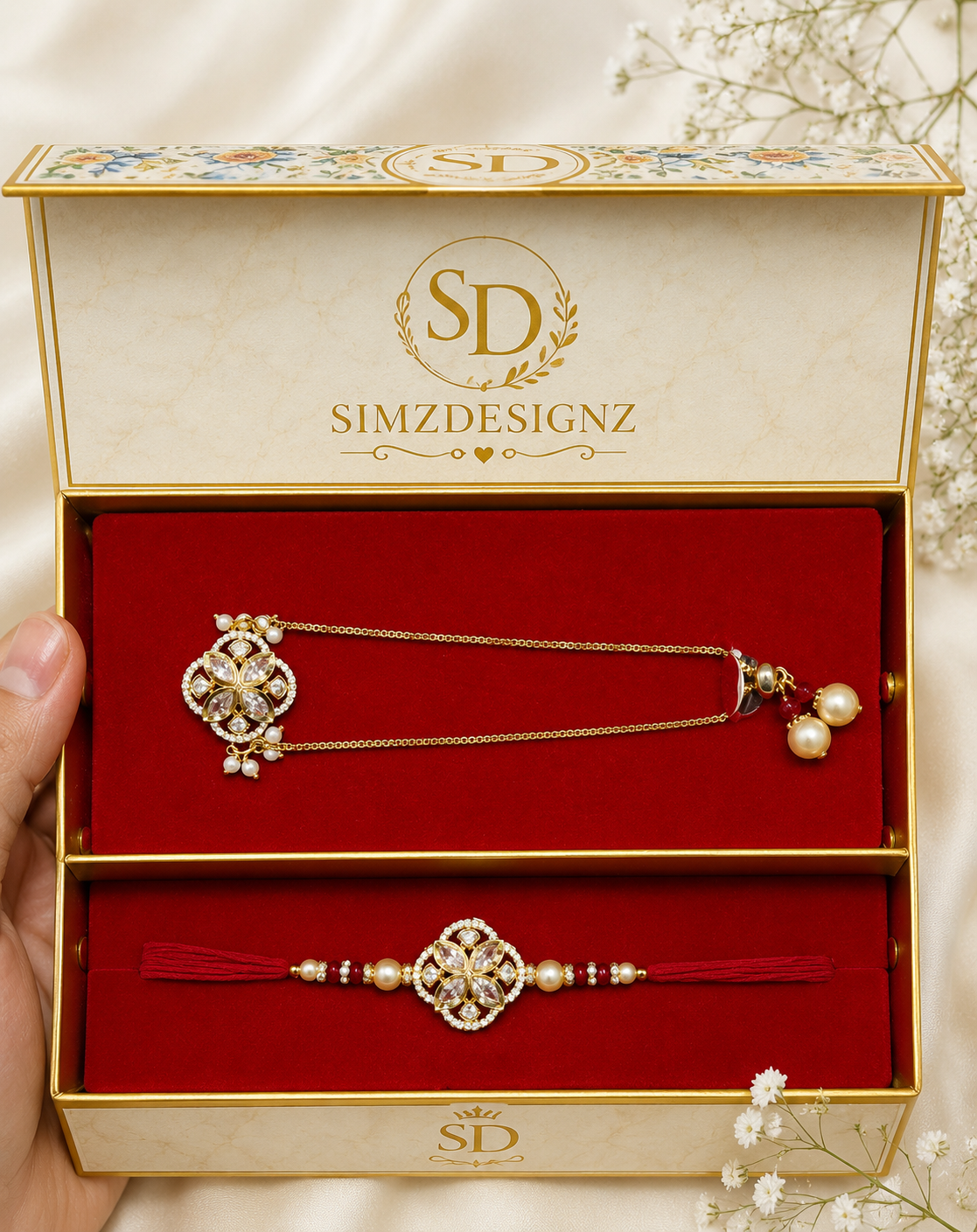 Premium Kundan Rakhi With Bhabi Bracelet | Design-2