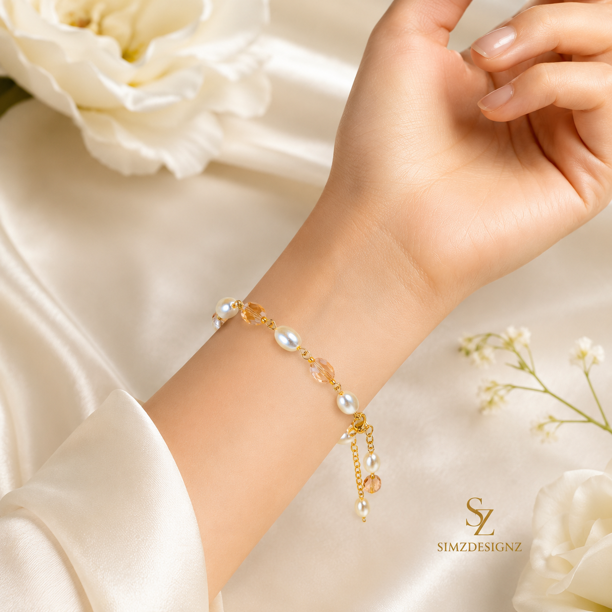 Beige-White Beaded Bracelet Rakhi