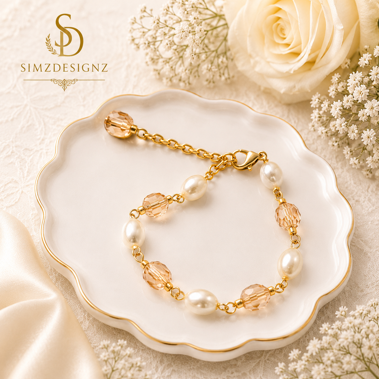 Beige-White Beaded Bracelet Rakhi