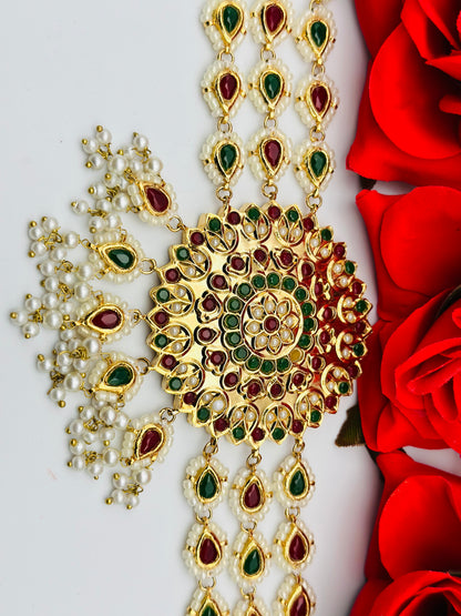 Maroon-Green Thappa Kundan Necklace | Simzdesignzz |