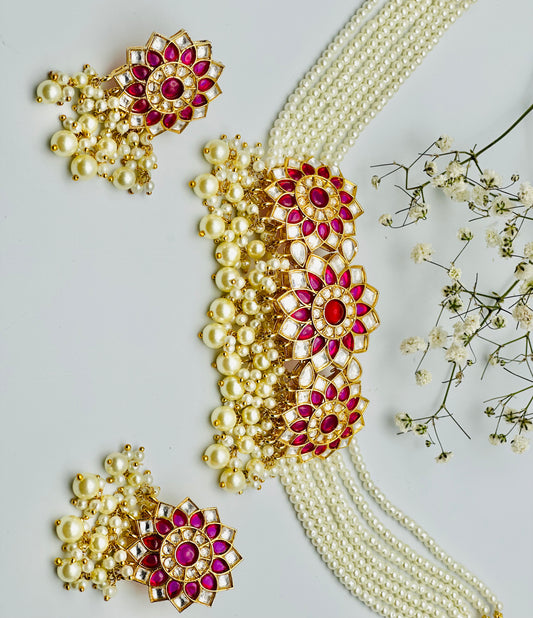 Triplet Flower Shape Necklace Set In Pachi Kundan | High Quality | Simzdesignzz |