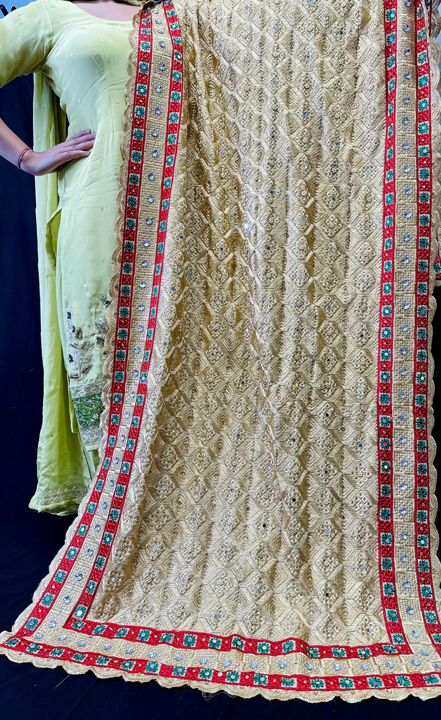 Embellished Golden Phulkari With Cut-work On Borders | Simzdesignzz |