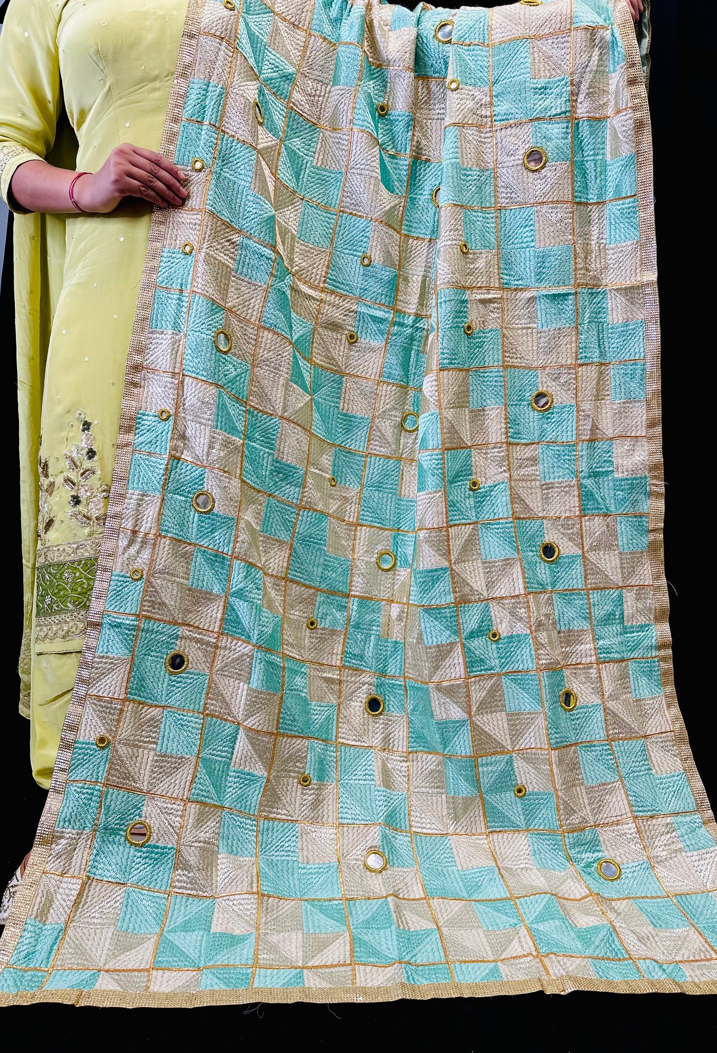 Sea-Green Barfi Phulkari With Mirror-Work | Simzdesignzz |