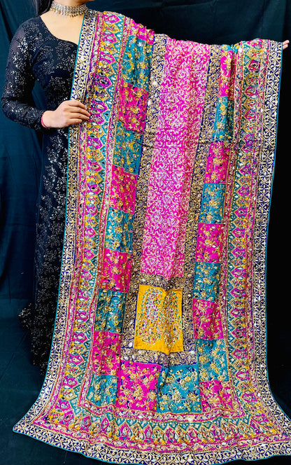 Pakistani Heavy Silk Dupatta With Mirror Work And Colourful Block Print Pattern | Simzdsignzz |