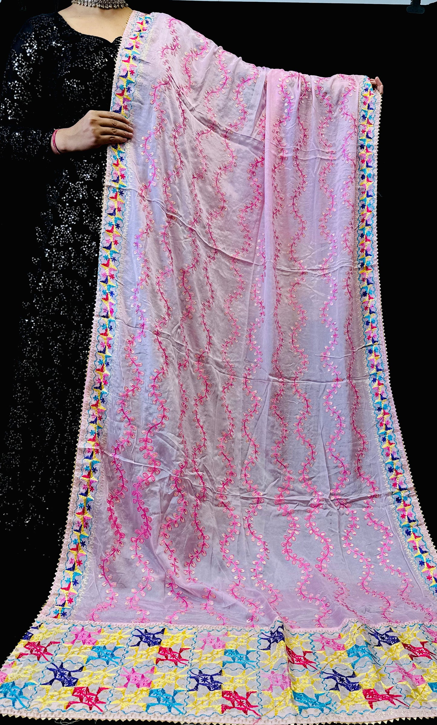 Pure Chiffon Phulkari Dupatta Embroidered With Vine Design | Simzdesignzz |