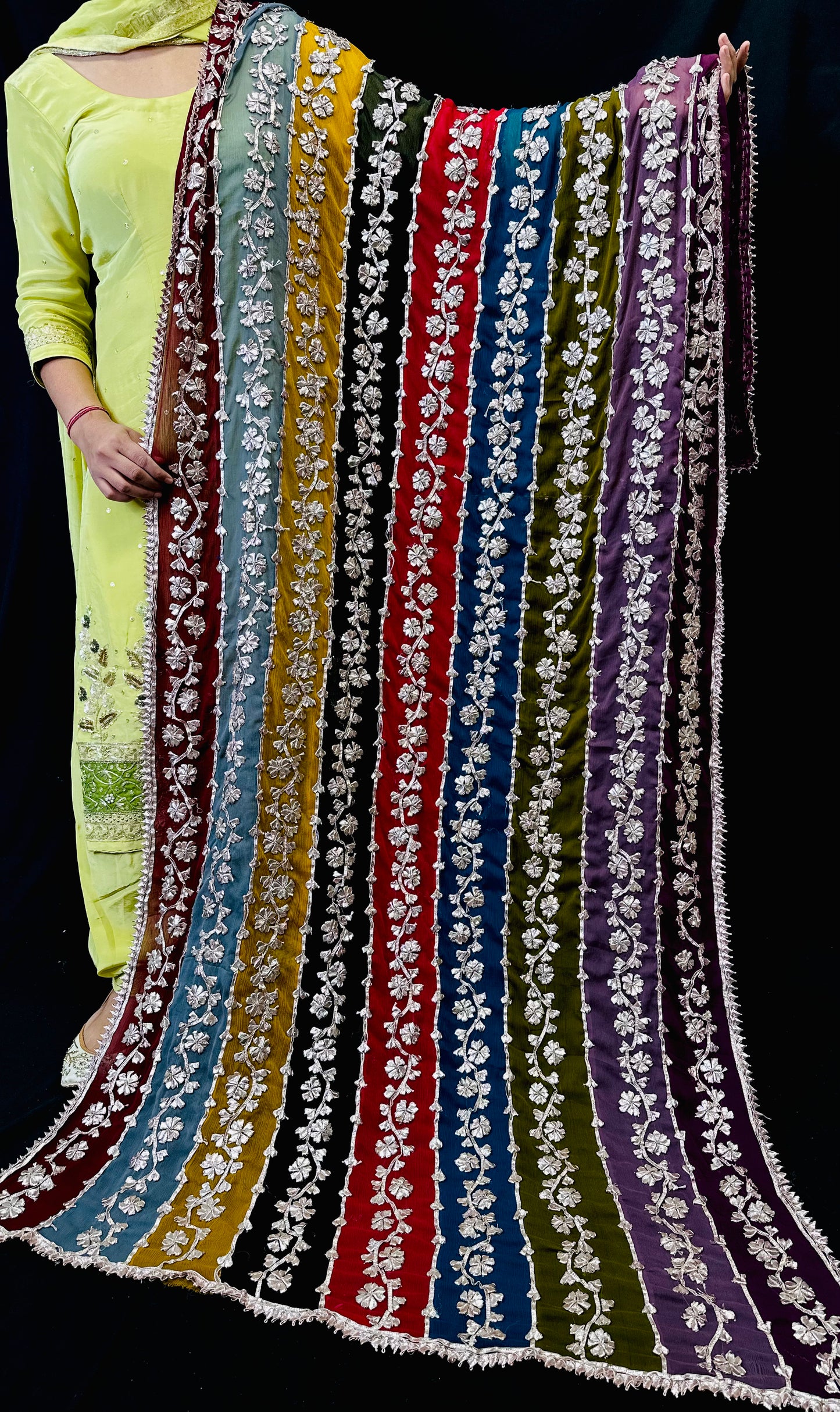 Colourful Rainbow Phulkari Dupatta With Flower Vines | Simzdesignzz |