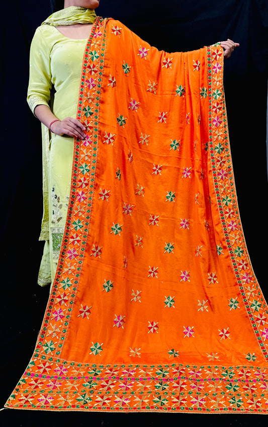 Orange Phulkari Dupatta With Barfi Design | Simzdesignzz |