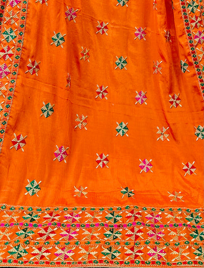 Orange Phulkari Dupatta With Barfi Design | Simzdesignzz |