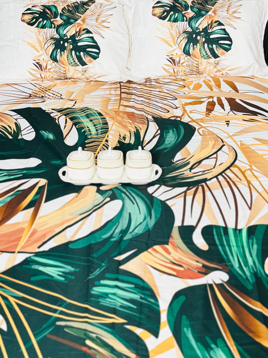 Green Leafy Golden Queen Sized Bedsheet | Simzdesignzz |