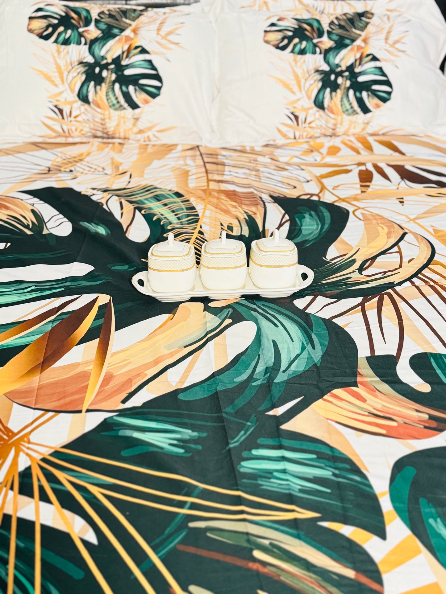 Green Leafy Golden Queen Sized Bedsheet | Simzdesignzz |