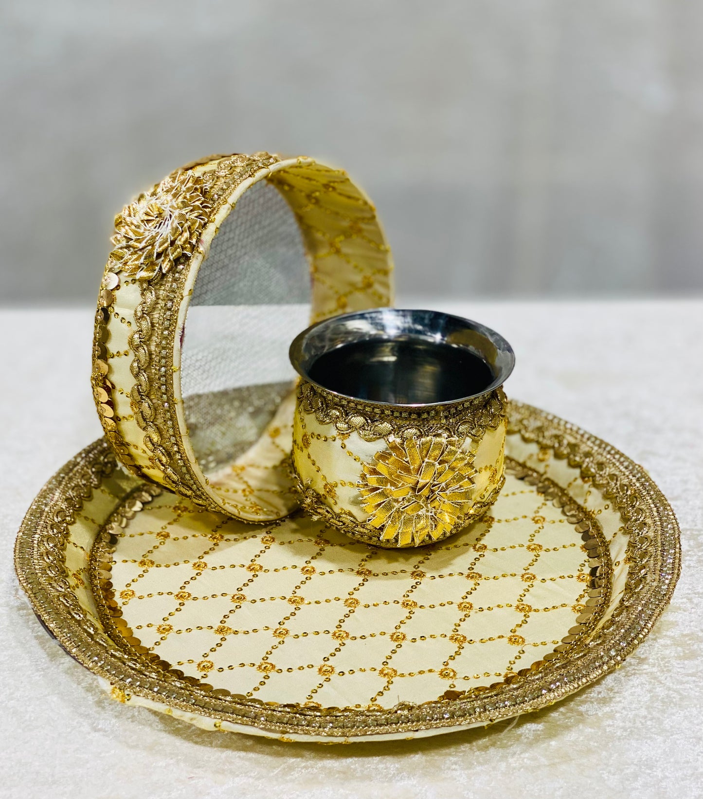 TRENDING KARWACHAUTH THALI IN GOLDEN COLOR