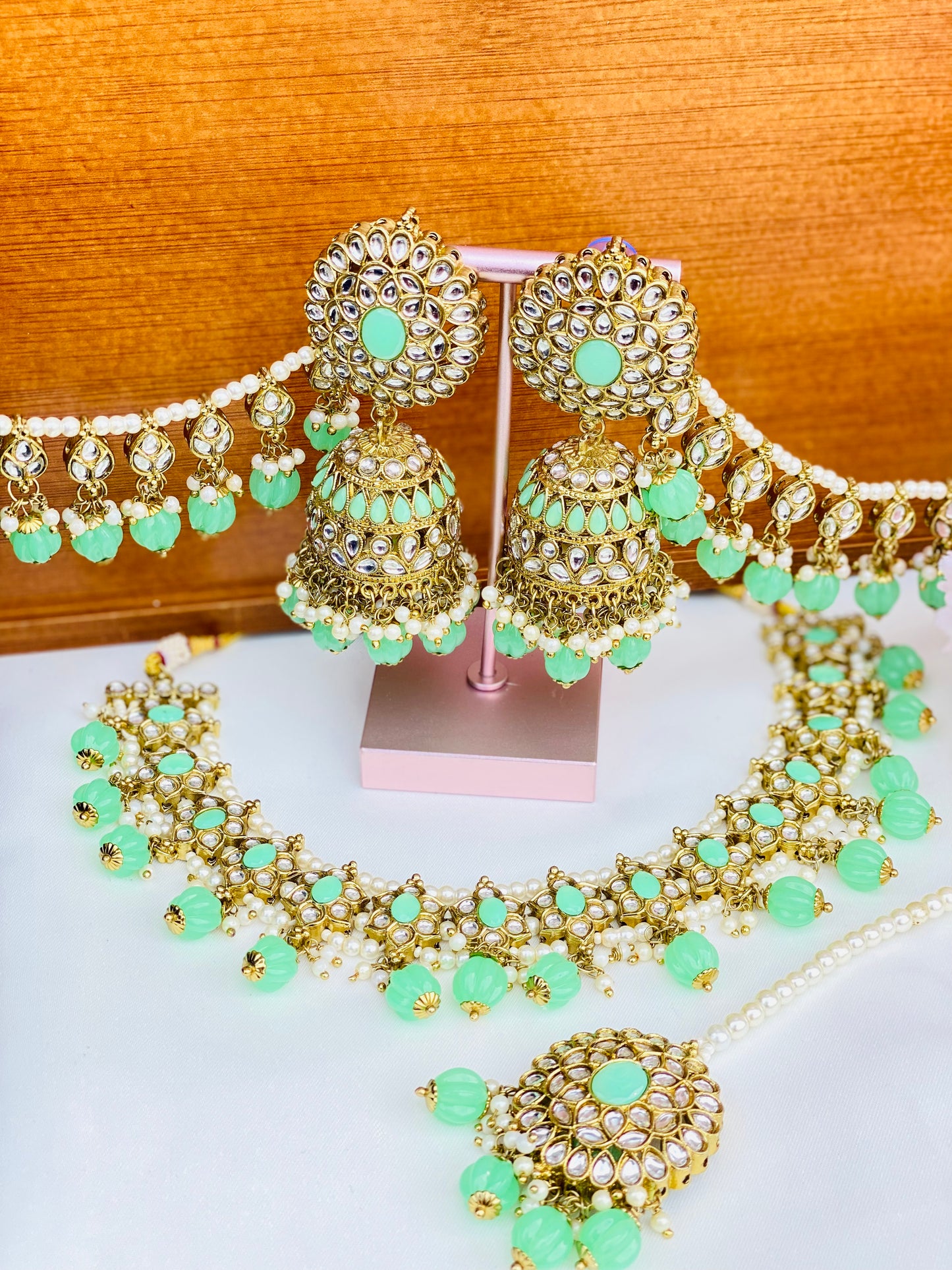 Elegant Polki Single Line Necklace Set  With Sahara Jhumki And Tikka  | SIMZDESIGNZ  |