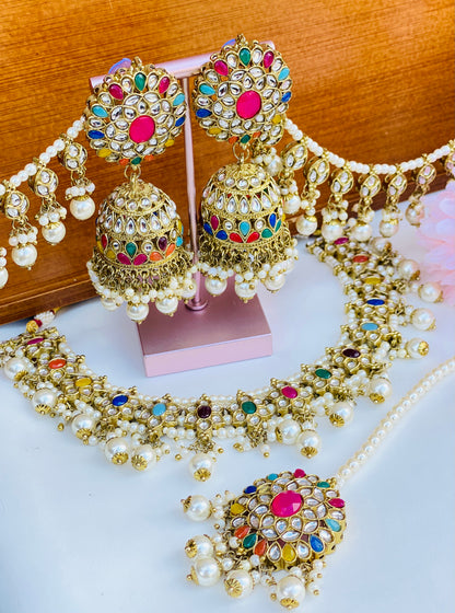 Elegant Polki Single Line Necklace Set  With Sahara Jhumki And Tikka  | SIMZDESIGNZ  |