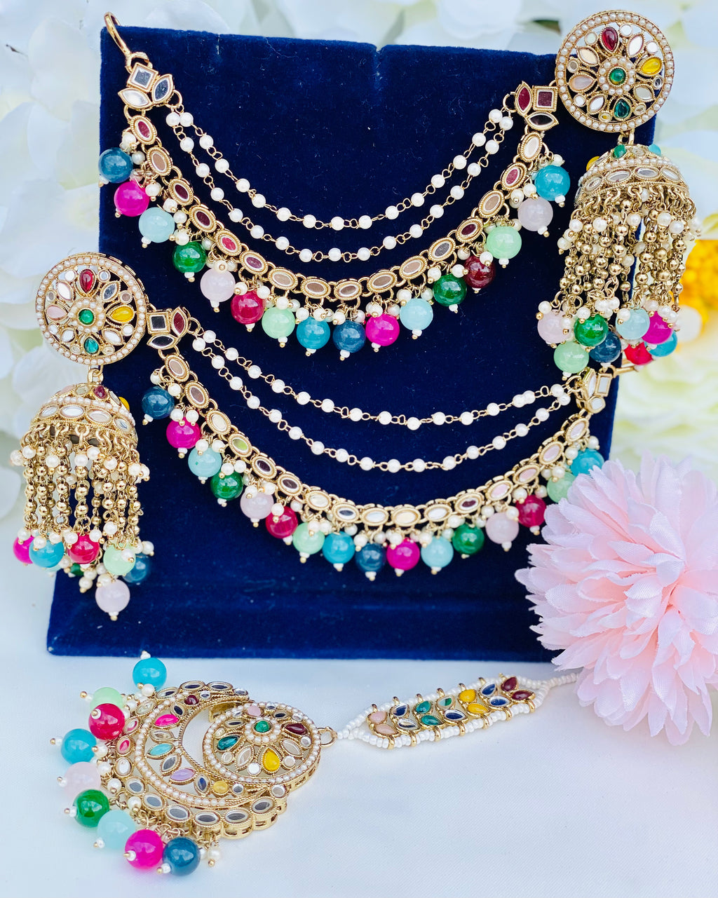 Bahubali Round  Earrings Tikka Set | Mirror | Polki | Simzdesignz|