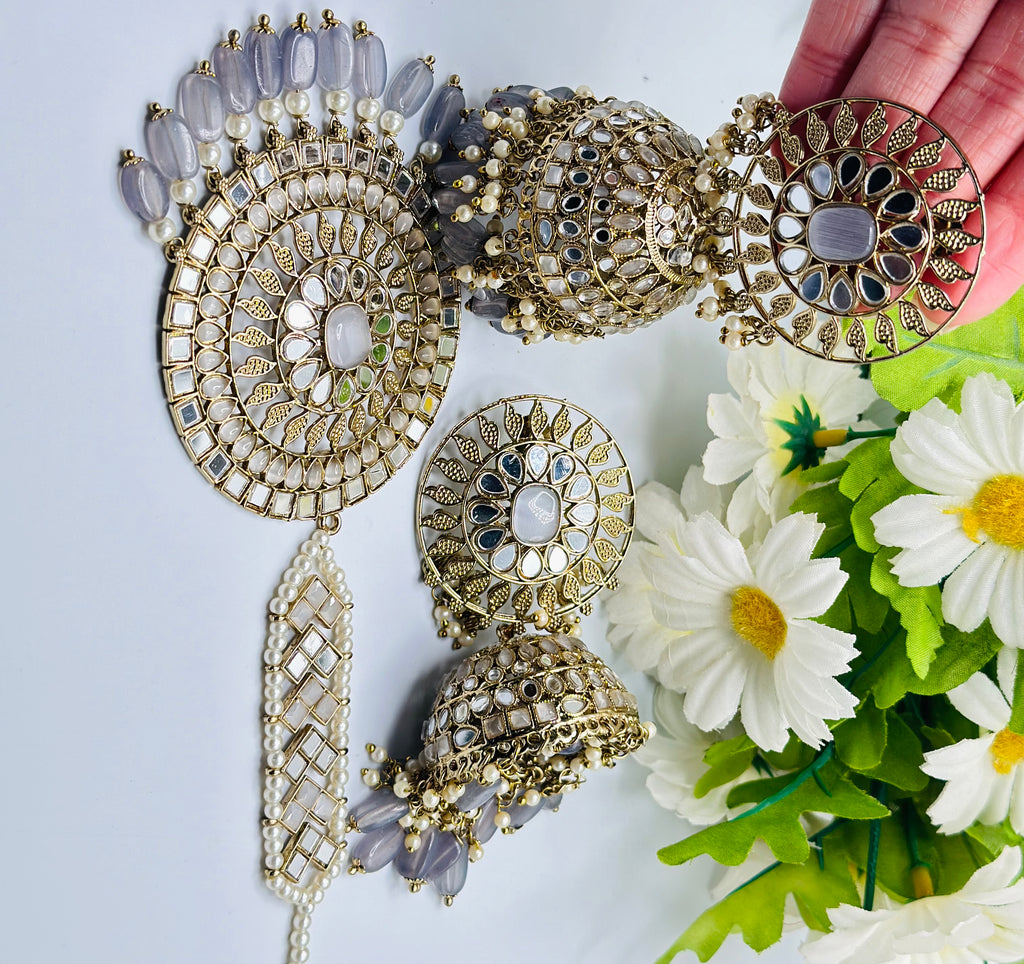 Zeenat Mirror Work Jhumki earrings With Tikka | Simzdesignzz |