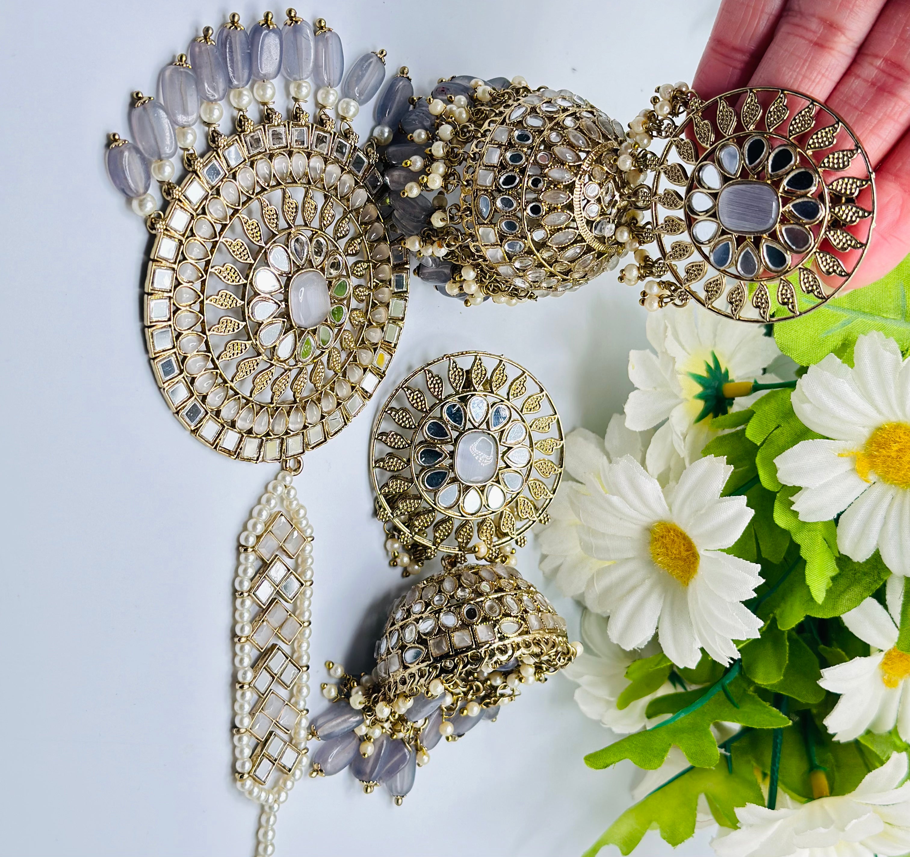 Zeenat Mirror Work Jhumki earrings With Tikka | Simzdesignzz |