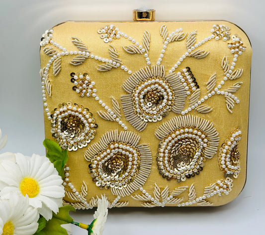 Golden Embroidered Handcrafted  Clutch | Simzdesignzz |