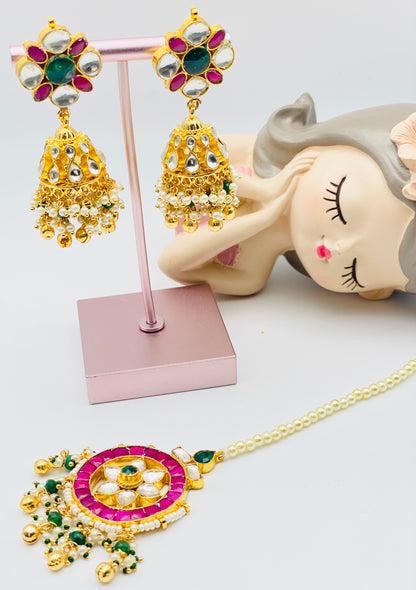 High-Quality Pachi-Kundan Jhumki Earrings with Tikka | Simzdesignzz |