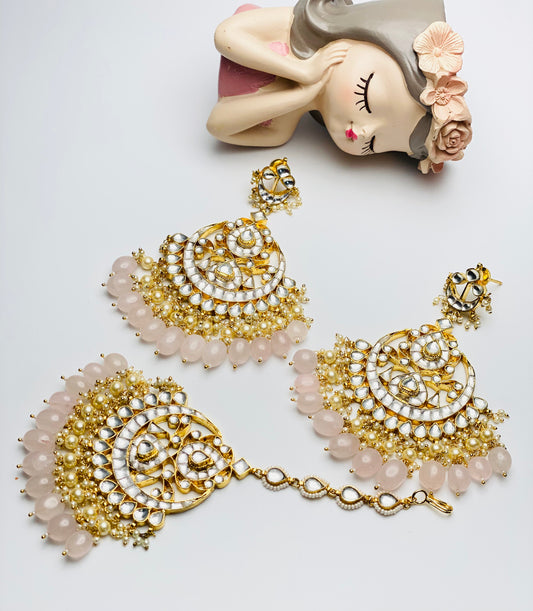 Baby-Pink Pachi Kundan Earrings With Tikka | Simzdesignzz |