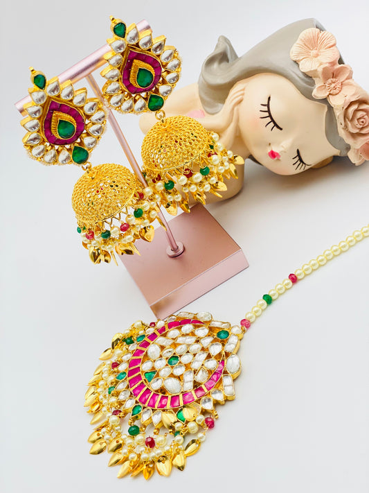 Pachi-Kundan Jhumki Earrings With Tikka | Pipal-Patti | Simzdesignzz |
