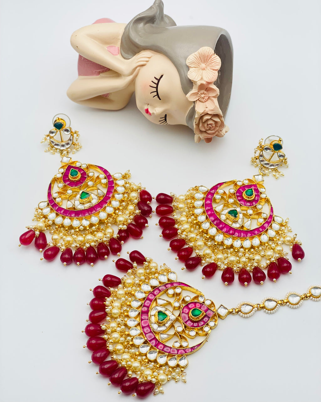 Maroon Pachi Kundan Earrings-Tikka Set | Simzdesignzz |