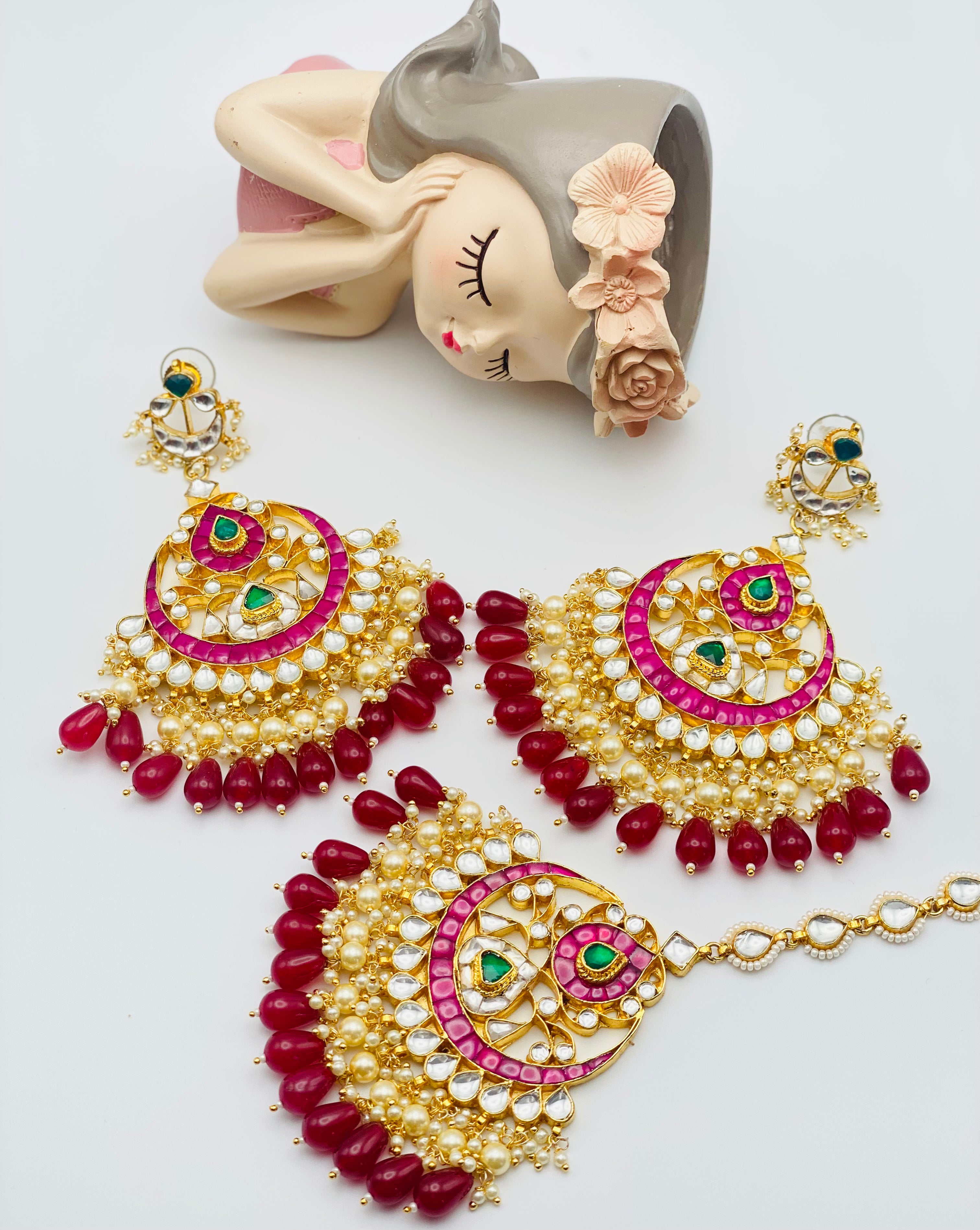 Maroon Pachi Kundan Earrings-Tikka Set | Simzdesignzz |
