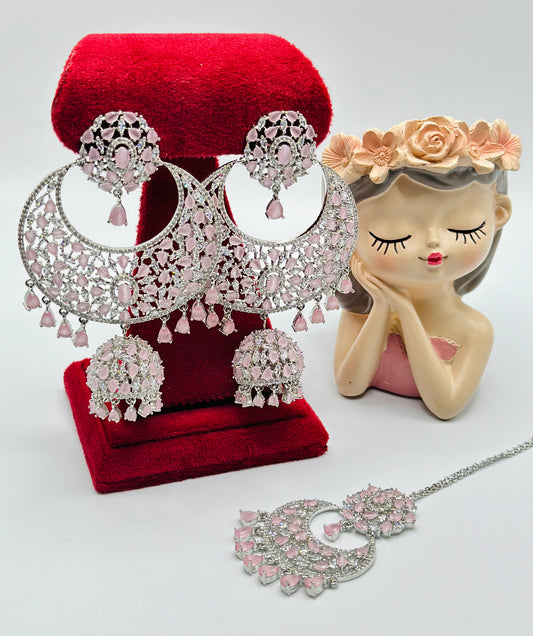 Half-Moon Styled American Diamond Jhumki Earrings With Tikka | Simzdesignzz |