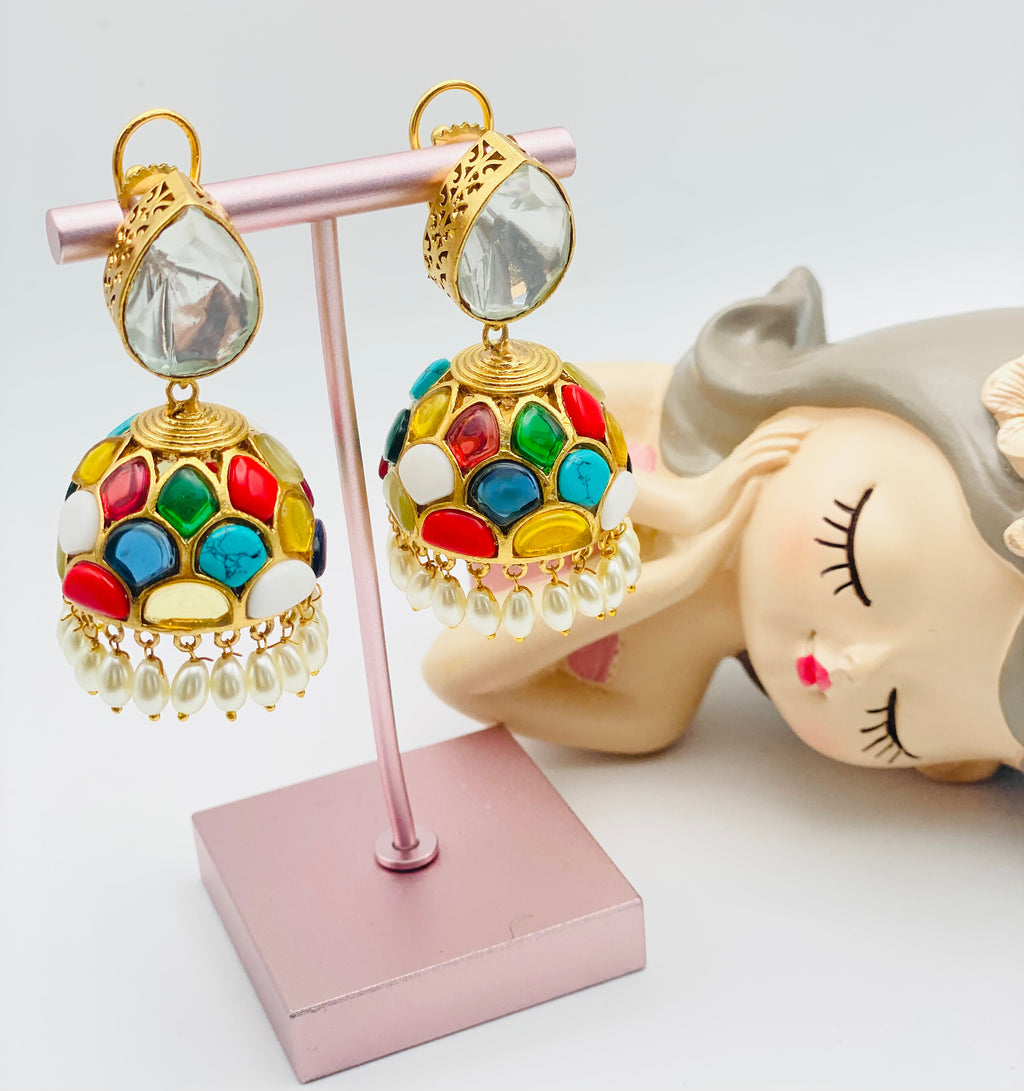 Multi Stoned Pachi Jhumki Earrings | Simzdesignzz |