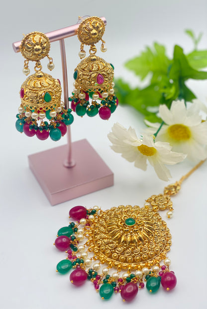 Handcrafted Gold-Plated Jhumki Earrings With Tikka | Simzdesignzz | 1GM