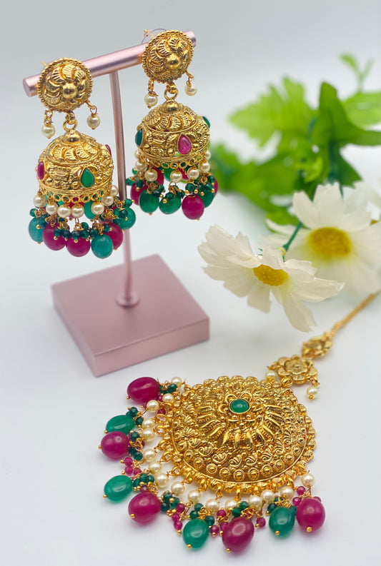 Handcrafted Gold-Plated Jhumki Earrings With Tikka | Simzdesignzz | 1GM