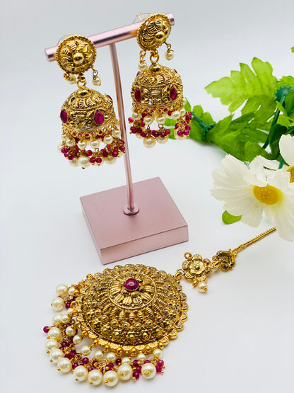 Handcrafted Gold-Plated Jhumki Earrings With Tikka | Simzdesignzz | 1GM