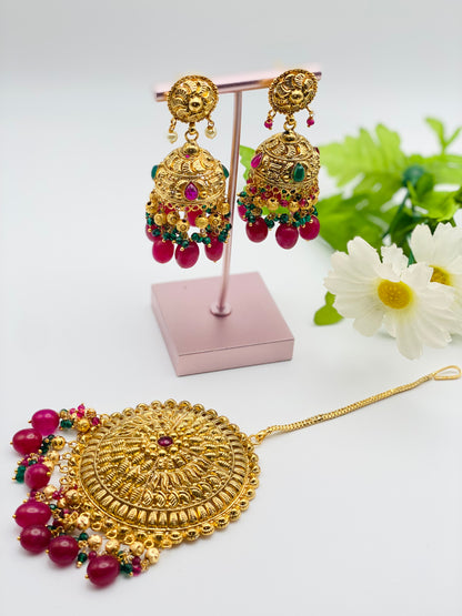 Handcrafted Gold-Plated Jhumki Earrings With Tikka | Simzdesignzz | 1GM