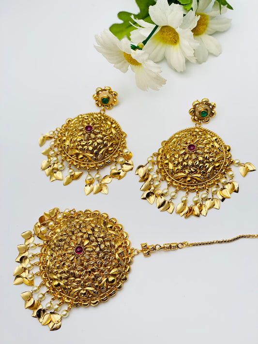 Pippal-patti Gold-Plated Earrings With Tikka |  Simzdesignzz | 1GM |