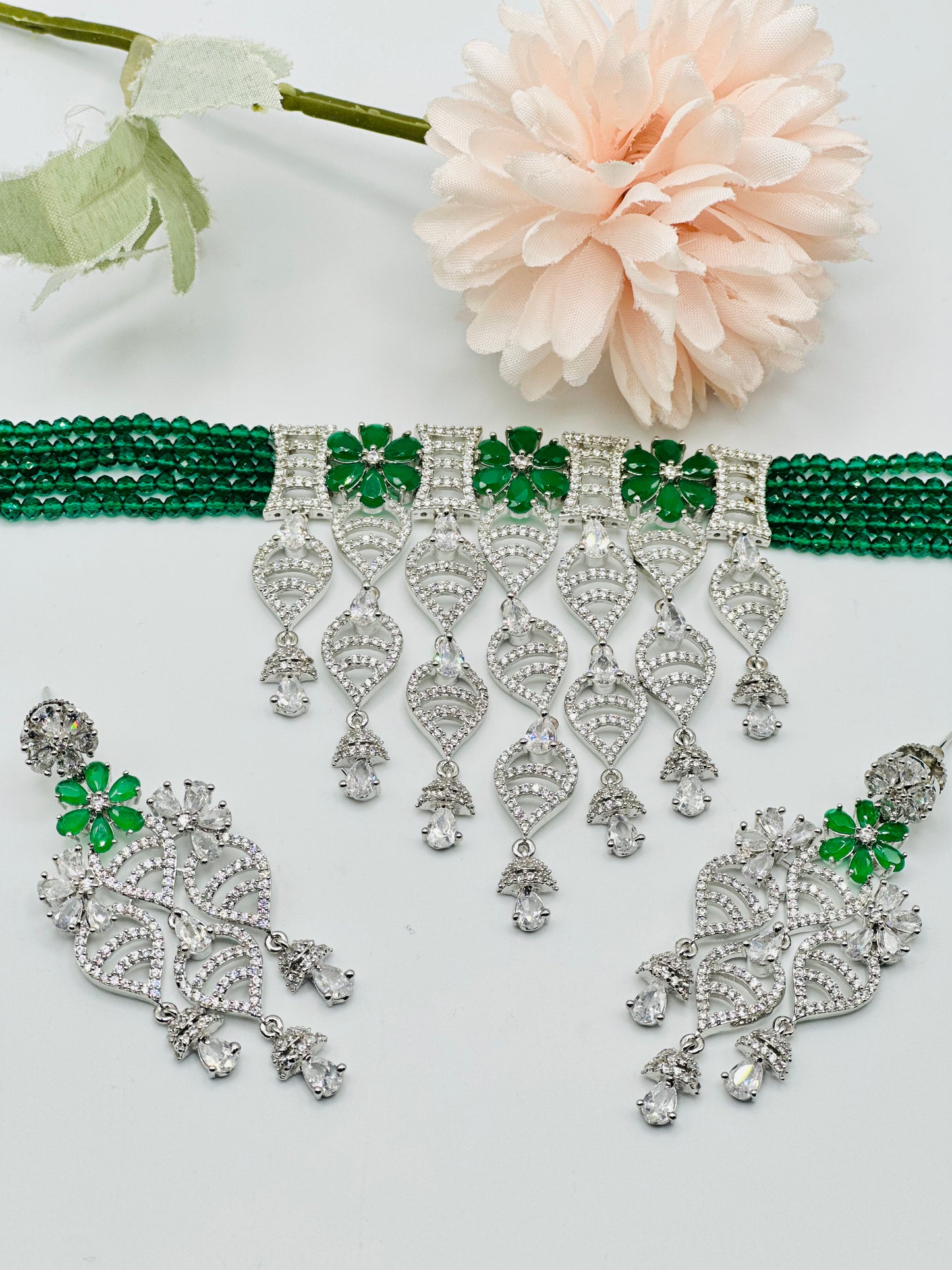 Bottle-Green With Silver Layered American Diamond Necklace | Simzdesignzz |