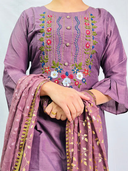 Nazila  Three Piece Suit With Plazzo And Beautiful Fully Embroidered Dupatta | Simzdesignzz |