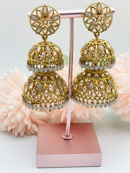 Grey Antique Double Polki Jhumki Earrings | Pakistani Jewellery | Punjabi Jewellery | Simzdesignzz |