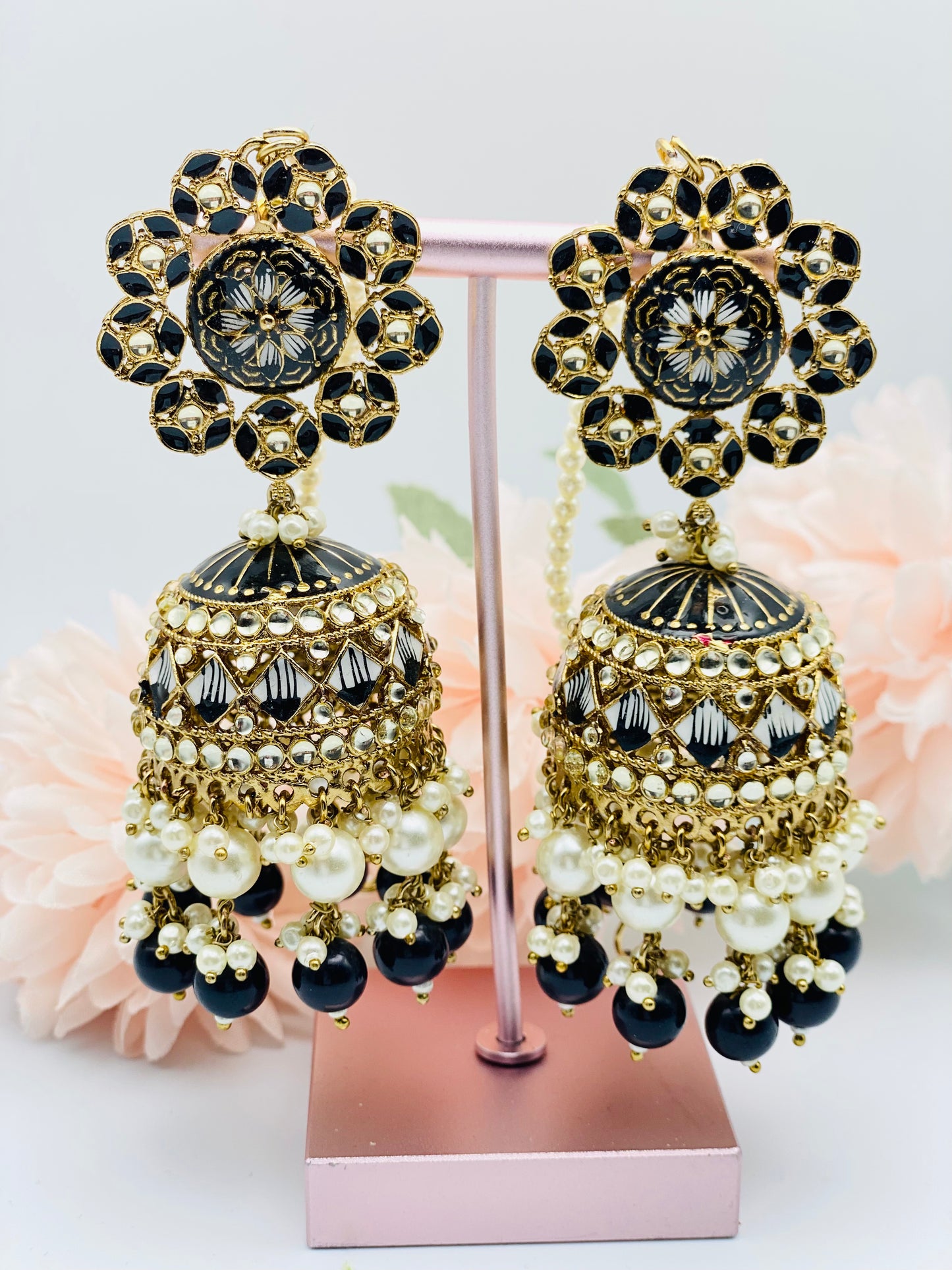 Black Meenakari Jhumki  Earrings   With White Pearls | Simzdesignzz |