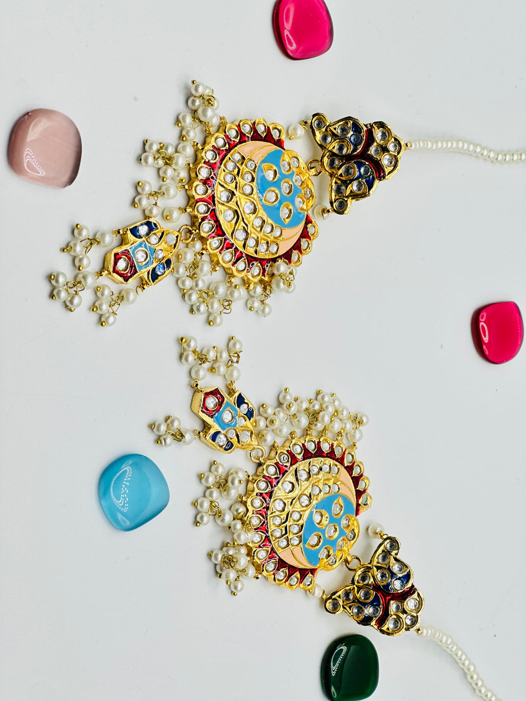 Maroon-Blue Thappa Kundan Earrings | Simzdesignzz |